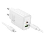 hoco. N63 hálózati töltő USB+Type-C aljzat (30W, PD gyorstöltő 3.0 + lightning kábel) FEHÉR (N63_USB_TYPEC_LIGHTNING_W) (N63_USB_TYPEC_LIGHTNING_W)