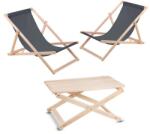  Kerti szett: 2 szürke bükkfa napozóágy 3 fokozat + összecsukható asztal