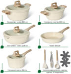 Just Perfecto JL-888 edény és serpenyő készlet, 14 cm, öntöttvas, márvány bevonat, indukciós, kiegészítők, bézs