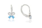 Ezüst gyermek fülbevaló patentzáras pillangó fehér és világoskék kővel ródiumbevonatos