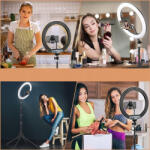 NewEvo Professzionális smink kör alakú lámpa kijelzővel, NewEvo, gyűrűs fény 43 cm, 24 W teljesítmény és 540 lumen, meleg semleges és hideg gyűrűs fénnyel, 210 cm-es állvánnyal, tárolótáskával, töké