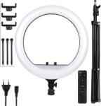 Qual Brand RingLight kör alakú lámpa 54cm, több lépcső és fényernyő, állítható szög, távirányító mellékelve, akár 3 fotó-videó eszköz támogatása, két USB port, teljesítmény 65W, hőmérséklet 2700-6500k,