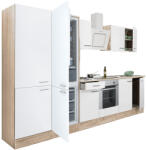 Leziter Yorki 330 konyhabútor sonoma tölgy korpusz, selyemfényű fehér front alsó sütős elemmel polcos szekrénnyel és alulfagyasztós hűtős szekrénnyel (L330STFH-SUT-PSZ-AF)