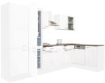 Leziter Yorki 340 sarok konyhabútor fehér korpusz, selyemfényű fehér fronttal polcos szekrénnyel és alulfagyasztós hűtős szekrénnyel (LS340FHFH-PSZ-AF) - geminiduo
