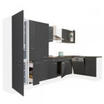 Leziter Yorki 370 sarok konyhabútor fehér korpusz, selyemfényű antracit fronttal polcos szekrénnyel és alulfagyasztós hűtős szekrénnyel (LS370FHAN-PSZ-AF) - homelux