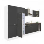 Leziter Yorki 330 konyhabútor fehér korpusz, selyemfényű antracit fronttal polcos szekrénnyel és felülfagyasztós hűtős szekrénnyel (L330FHAN-PSZ-FF) - homelux