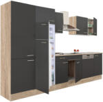 Leziter Yorki 340 konyhabútor sonoma tölgy korpusz, selyemfényű antracit fronttal polcos szekrénnyel és felülfagyasztós hűtős szekrénnyel (L340STAN-PSZ-FF) - homelux