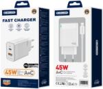 Jellico C107, 1x USB-C + 1x USB-A GAN PD QC 3.0 45W Hálózati gyorstöltő ( +Type-C - Lightning kábel), fehér