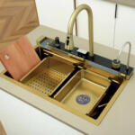 Top Ceramic Set chiuveta bucatarie multifunctionala cu accesorii din inox 750x460, auriu periat, Top Ceramic (1107L) Chiuveta