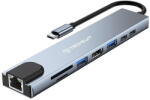 Techsuit Hub Multiport, Type-C la 2x Type-C, 2x USB, HDMI, RJ45, TF/SD, 4K@30Hz, PD87W - Techsuit NetBridge 8 in 1 (H2) - Gray (KF2350786) - vexio