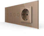 LIVOLO Intrerupator Dublu + Dublu + Priza LIVOLO cu Rama Din Sticla Standard Italian 6M Auriu (VL-FC2/2/FCTC-6A)