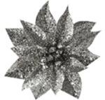  Virág MagicHome Karácsony GlitterPoinsettia, csipesszel, ezüst, virág mérete: 9 cm, virág hossza: 8