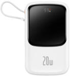 Baseus Qpow Qpow digitális kijelzős Power Bank gyors töltéssel 10000mAh 20W QC/PD/SCP/FCP beépített Lightning kábellel, fehér