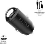 FIXED PD Rapid Charge Car Mini 2xUSB-C kimenet, USB-C/Lightning kábel, 1, 2 m, PD 30W, fekete (FIXCC30M-2CL-BK)
