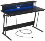 VASAGLE Számítógép asztal, gaming asztal, beépített LED fénnyel és elosztóval, fekete, 60x120x76cm