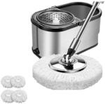  Centrifugás és 360 fokos forgatható felmosóvödör készlet rozsdamentes acélból, Arvada® MagicClean, ovális vödör, méretek 42x26x22cm, fényes felület és vízleeresztő nyílás 4 fehér utántöltővel