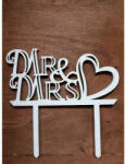  Fa - "Mr & Mrs" tortadísz szíves fehér 11, 5cm - esküvői és kerti parti dekorációhoz