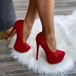 FF Lux Shoes Velvet Blossom - hímzett, platformos magassarkú Szín: piros, Méret: 35