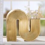  Nagy méretű arany színű design fém váza vonalas díszítéssel 42cm Cancun