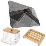 Mercaton fürdőszobai szőnyeg, ultra nedvszívó, csúszásgátló, Diaton anyag, Abstract Model, 50 x 80 cm, natúr bambusz szappantartóval, csúszásgátlóval és füldugós tárolódobozsal, műanyag bambusz tetővel (SET-MH