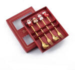 Nut Karácsonyi rozsdamentes acél desszetes villa és kanál szett, 4 részes, mikulás, hóember, rénszarvas és csizma végű, arany színű