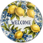  Nyomtatott fa tábla koszorú közép - Welcome citromos 11, 8cm 2622