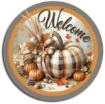  Nyomtatott fa tábla koszorú közép - Welcome kockás tökkel 11, 8cm 2676