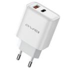 Awei hálózati töltő USB+Type-C aljzat (22.5W, GaN, PD gyorstöltő) FEHÉR (PD81-EU) (PD81-EU)