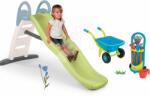 Smoby Set tobogan cu dublu val și cărucior de grădină cu unelte Toboggan Life Smoby lungimea suprafeței de alunecare 200 cm cu apă și roabă cu mașină de tuns iarba (SM820405-52)