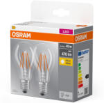 OSRAM E27 LED 4W, 470 lm, 2700 K, melegfehér, áttetsző üveg-40 W normál izzó helyett, 2 darabos - Classic A 40 filament (4099854090202)