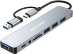 Techsuit - Docking Station DataBridge 8 az 1-ben (H9) - USB, Type-C átalakító 4x USB, Type-C, 3.5mm Jack, TF/SD kártya - Szürke