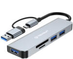 Techsuit - 5 az 1-ben adatátviteli dokkolóállomás (H7) - USB, Type-C-ről USB 3.0-ra, 2x USB 2.0, SD/TF kártya - Szürke
