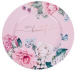  IRIS bádog tálca, kör alakú, rózsaszín rózsás, life the beautiful felirattal 33 x 1, 5 cm (081140)