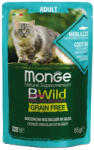 Monge BWild Adult Gabonamentes Alutasakos Macskaeledel (Tőkehal, Garnéla és Zöldségek) - 85 g