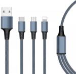 AHT DKS-31 Nylonszövet borítású, minőségi 3 in 1 töltőkábel USB Type C - USB Type C/mikro USB/Lightning