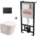 Fluminia Set ramă de montaj cu rezervor și clapetă de acționare cu butoane rotunde, negru mat, Alcadrain și vas WC suspendat Fluminia, Clementina (AM101/1120+M678+G5330WH)