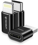 Techsuit - Prémium OTG Adapter TriFlashX (A19) - 3x Type-C csatlakozó Type-C/Micro-USB/Lightning csatlakozókhoz, Plug & Play, Alumínium ötvözet - Fekete