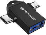 Techsuit - OTG Adapter TwoVoltX (A16) - 3 az 1-ben, USB Micro-USB + Type-C, Plug and Play, Alumínium ötvözet - Fekete