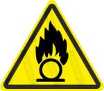 gigastore Oxidáló - égést tápláló anyag veszélye piktogram matrica ISO 7010 W028 : Tábla-matrica mérete - 100 x 87 mm, Tábla-matrica típusa - matrica