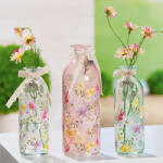  Különleges virágokkal és masnival, kulccsal díszített zöld, pink vagy átlátszó színű palack üveg asztali váza - 20 cm