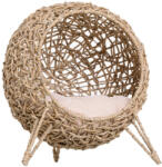 AOSOM Kisállat ágy macska fekhely Ø52x58 cm macskaágy rattan kosár párnával emelt kialakítású natúr