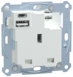 Schneider Electric Merten - MTN2125-0000 - Brit 2P+F aljzat, biztonsági zsaluval, A+C USB töltővel, kapcsolóval, csavaros, 13A / 3A (MTN2125-0000)