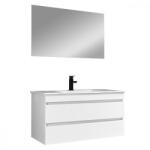 Leziter Mobilier de baie Cube 100 cm cu chiuvetă ceramică (2 sertare) și oglindă 60x100 cm vopsită în alb lucios (CUBE100)