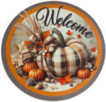  Nyomtatott fa tábla koszorú közép - Welcome kockás tökkel 14, 8cm - papelito