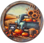  Nyomtatott fa tábla koszorú közép - Őszi táj kék teherautóval 14, 8cm - koszorú díszítéséhez