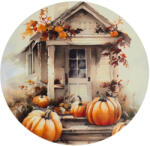  Nyomtatott fa tábla koszorú közép - Fehér-narancs tök házzal 14, 8cm - koszorú díszítéséhez