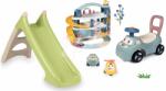 Smoby Set tobogan cu joc de apă și babytaxiu cu premergător XS Slide Green Life Smoby lungimea suprafeței de alunecare 90 cm și garaj cu mașinuță cu elicopter (SM820629-8)