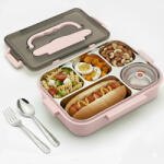 köken Caserola copii scoala cu 5 compartimente Koken, Cutie pentru pranz etansa, volum 1L, Lunchbox cu tacamuri, 25x30cm, Verde/Roz
