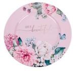  IRIS bádog tálca, kör alakú, rózsaszín rózsás, life the beautiful felirattal 33 x 1, 5 cm (QX_IMPEX_KFT_081140) (QX_IMPEX_KFT_081140)