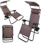  Összecsukható szék kertbe, strandra, kempingbe, napernyővel, telefon- és italtartóval, barna/fekete - Barna - Brown